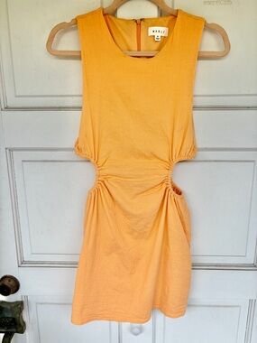 Mable Yellow Cutout Mini Dress Women’s M Linen Blend Side Cutout Ruched Summer